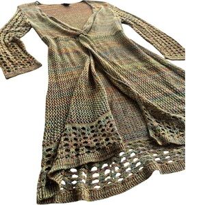 new directions Multicolor Open Knit Cardigan with Olive and Rust Accents
